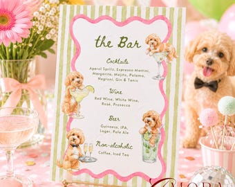 Custom Watercolor Pet Wedding Bar Menu, Striped Signature Drink Sign, Personalized Pet Portrait Cocktail, Dog Cat Wedding Sign, Up to 5 Pets