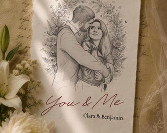 Personalized Couple Drawing, Custom Portrait from Photo, Romantic Vintage Wall Art, Wedding Gift, You & Me