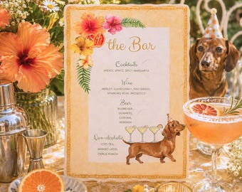 Custom Pet Bar Sign, Signature Drink Menu, Watercolor Flower Pet Portrait, Personalized Party Bar Menu, Wedding Bar Sign, Digital Download
