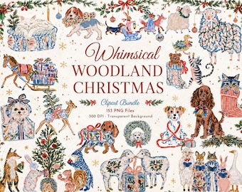 Whimsical Farm Christmas Watercolor Clipart, Charming Holiday Animals, Funny Animal PNG,　Dog & Cat Woodland Christmas, Commercial Use