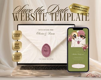 Swan Wedding Website Template Canva | Green & Pink RSVP Countdown Save the Date (Digital Download)