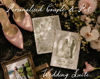 Personalised Couple & Pet Wedding Invitation, English Heirloom Illustration, Custom Portrait, Save the Date, RSVP