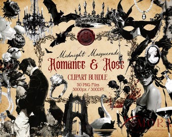 Gothic Masquerade Clipart Bundle, 50 Romance & Rose PNG, Halloween Wedding Masquerade Mask Clip Art, Victorian Gothic Raven Sublimation