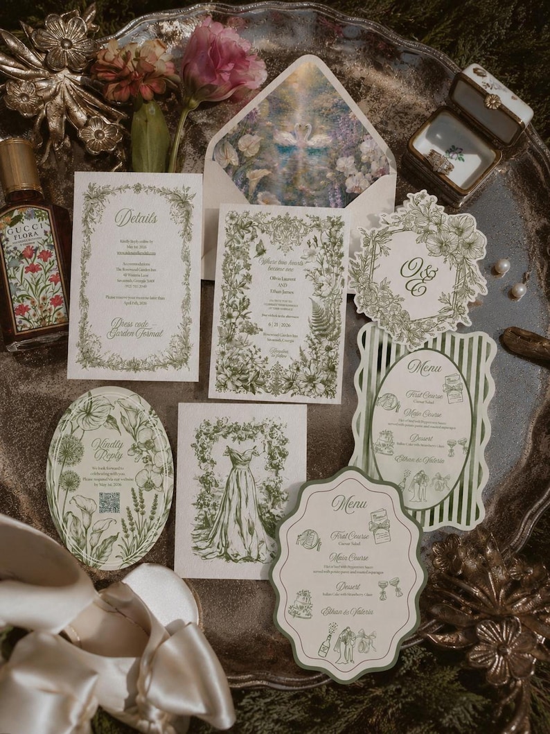 Wedding Suite |  Botanical Floral Invitation Set Canva Template | Swan art, Elegant (Digital Download)