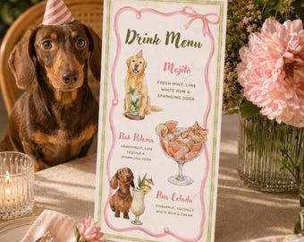 Custom Pet Portrait Squiggle Menu Sign, Hand Drawn, Wedding/Bridal Shower, Pet Signature Drink, Wedding Bar Menu, Wavy Curvy | Up to 5 Pets