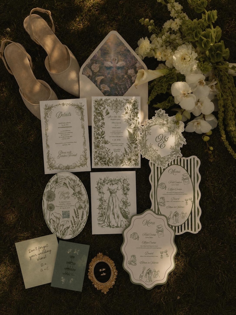 Wedding Suite |  Botanical Floral Invitation Set Canva Template | Swan art, Elegant (Digital Download)