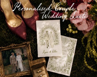 Personalised Couple Wedding Invitation, English Heirloom Illustration, Custom Portrait, Save the Date, RSVP