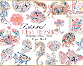 Botanical Ocean Treasures, Sea Creatures Clipart, Tropical Reef Clipart, Shells and Coastal Folk Art 90 PNG, Commercial Use