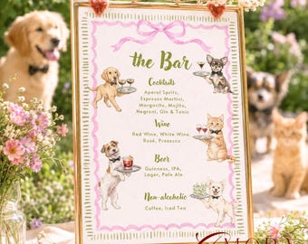 Custom Bar Menu, Watercolor Pet Portrait, Personalized Signature Drinks, Ribbon Illustration, Dog & Cat, Custom Bar Sign, Up to 5 Pets