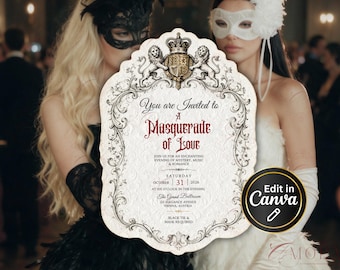 Wedding Crest Masquerade Invitation Template, Gothic Editable Canva, Elegant Black Tie Party Invite, Victorian Printable 5x7