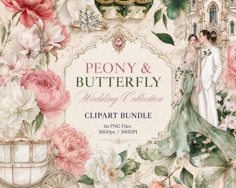 Peony & Butterfly Luxury Clipart 60 PNG, Watercolor Wedding Illustration, Bridal Shower Invitation, Vintage Floral, wallpaper