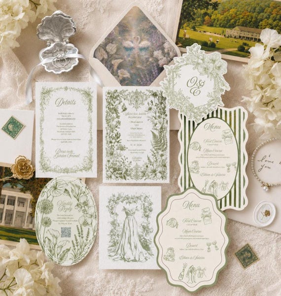 Wedding Suite |  Botanical Floral Invitation Set Canva Template | Swan art, Elegant (Digital Download)