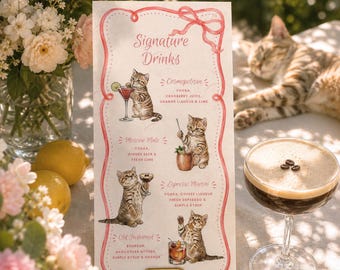 Custom Pet Signature Drinks Menu, Wedding Bar Sign, Watercolor Ribbon Menu, Dog Cat Portrait, Personalized Wedding Drink Sign | Up to 5 Pets