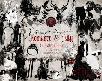 Gothic Masquerade Clipart Bundle, Victorian Ballroom and Romantic Raven PNG, Halloween Wedding Party Decor