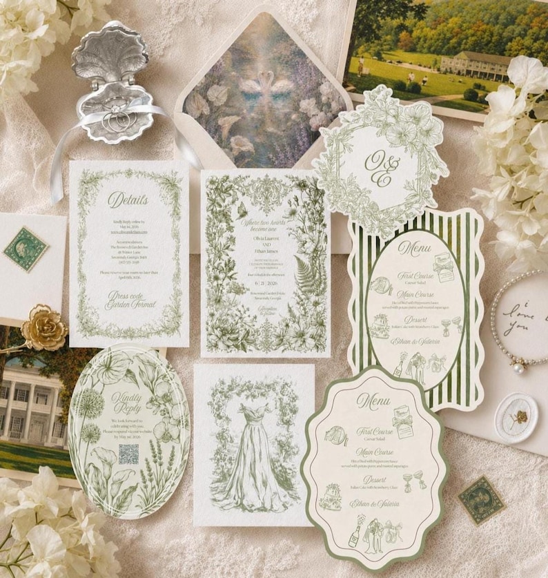 Wedding Suite |  Botanical Floral Invitation Set Canva Template | Swan art, Elegant (Digital Download)