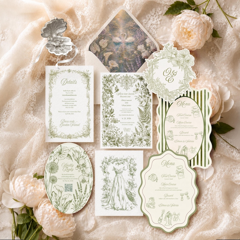 Wedding Suite |  Botanical Floral Invitation Set Canva Template | Swan art, Elegant (Digital Download)