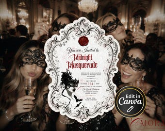 Masquerade Mask Invitation Template, Gothic Lace Bat Editable in Canva, Dark Romance Halloween Party Invite, Printable 5x7, Digital download