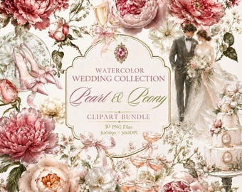 Watercolor Wedding Clipart, 30 PNG Floral Illustrations, Bridal Shower Invitations, Instant Digital Download