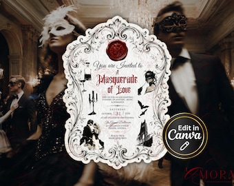 Gothic Decor Masquerade Invitation Template, Dark Romance, Party Invitation Printable, Vintage 5x7, Digital download, Editable in Canva