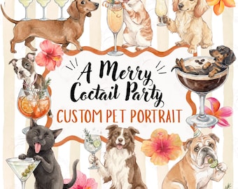 Custom Pet Portrait, A Merry Cocktail Party Pet Art, Watercolor Wedding Drink Menu Illustration | Wedding Bar Sign | Whimsical Illustration