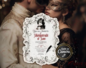 Dark Romance Wedding Invitation Template, Gothic Masquerade Editable in Canva, Romantic Couple Party Invite, Vintage Printable 5x7, Digital