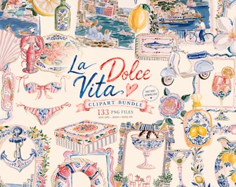 Mediterranean Coastal Clipart Bundle, Italian Summer 133 PNG, Amalfi Riviera, La Dolce Vita, Vintage Clipart, Commercial Use