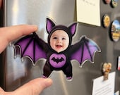 Personalized Spooky Bat Baby Face Photo Fridge Magnet, Custom Halloween Acrylic Magnet, Cute Baby Halloween Gift, Refrigerator Magnet Decor