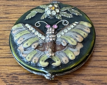 Lusterko kompaktowe Vintage Butterfly z kryształkami emaliowane, zielone, okrągłe, 3 cale