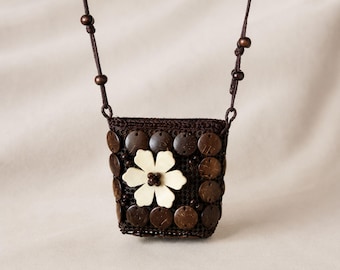 Boho Floral Crossbody Bag, Handmade Coconut Shell Purse, Vintage Festival Handbag, Travel Gift Women
