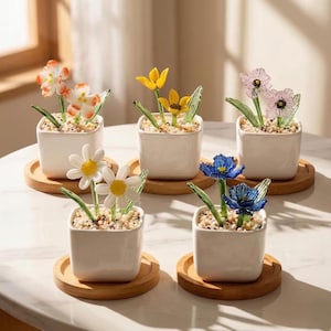 May include: Five small square white ceramic pots, each containing a glass flower sculpture with green stems and small pebbles. Each pot sits on a round wooden coaster. The flowers include orange, yellow, light pink, white, and blue varieties.