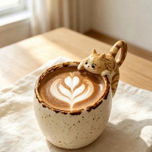Puede incluir: Una taza de cerámica con acabado crema moteado y borde marrón, que presenta una figura tridimensional de un gato atigrado naranja adherida al lateral. La cola del gato forma el asa y sus patas delanteras descansan sobre el borde de la taza.