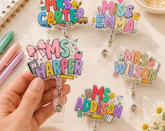 Personalized Teacher Badge Reel Custom Name ID Holder Cute School Pattern Retractable Lanyard Back to School Gift for Educator Colleague