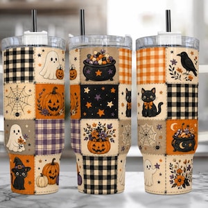 May include: Three stainless steel tumblers with handles and straws, featuring a patchwork design of Halloween motifs including ghosts, black cats, pumpkins, spiders, webs, crows, and cauldrons in orange, black, white, and purple plaid patterns.