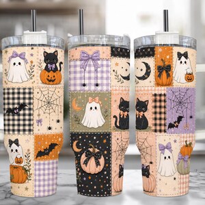 Cute Ghost 40oz Tumbler with Handle, Pastel Halloween Cup, Black Cat Pumpkin Patchwork Mug, Spooky Season Insulated Travel Cup Gift