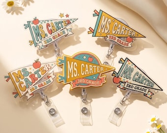 Custom Teacher Badge Reel, Personalized Retro Pennant ID Holder, Retractable Name Tag, Cute Acrylic Teacher Clip, Back to School Gift
