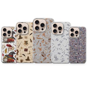 May include: Five smartphone cases arranged in a row, each featuring a distinct pattern of small, repeating icons related to magic and wizardry, including hats, glasses, wands, envelopes, and potions, set against varied neutral background colors.