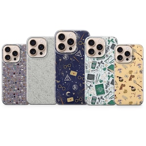 May include: Five smartphone cases featuring various patterns. The first is purple with small icons, the second is light gray with line art, the third is dark blue with gold symbols, the fourth is white with green book motifs, and the fifth is yellow with character illustrations.