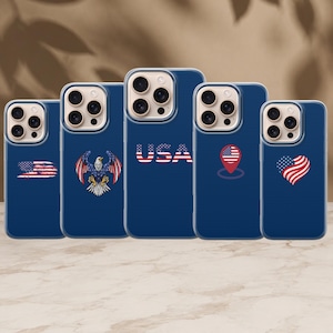 May include: Five dark blue phone cases featuring American-themed graphics. Designs include a distressed flag, a bald eagle with wings spread, the text USA in flag pattern, a map location pin with a flag, and a heart shape with a flag pattern.