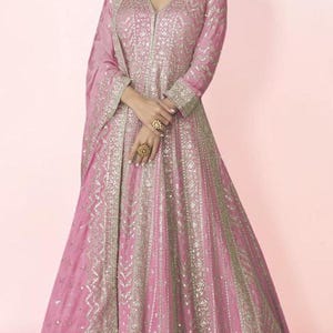 Pink Chinon Silk Embroidered Anarkali Gown with Dupatta, Indian Wedding Party Wear Ethnic Outfit