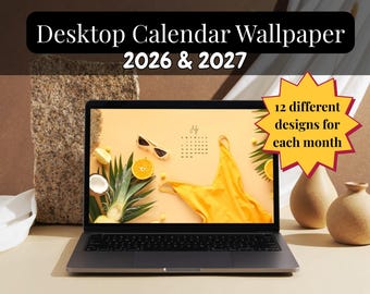 Redigerbar skrivbordskalenderbakgrund 2026-2027, minimalistisk PC Mac-organisatör (digital nedladdning)