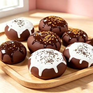May include: A collection of round, smooth, chocolate-coated treats arranged on a light wooden tray. Some items feature a dark chocolate glaze topped with orange sprinkles, while others are finished with a white icing and dark cocoa dusting.