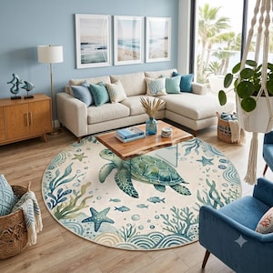 May include: A large round area rug featuring a central green sea turtle surrounded by blue and green seaweed, starfish, and small fish on a cream background. The design includes stylized ocean waves and bubbles in a coastal-themed illustration.