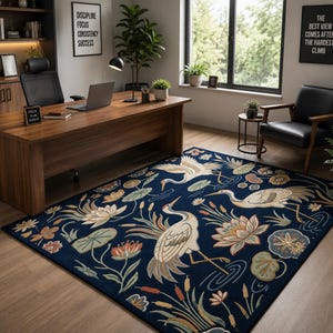 Hand Tufted Crane Rug, Navy Blue Floral Area Rug, Luxury Oriental Rug, Lotus Bird Rug, Japanese Inspired Home Decor