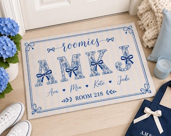 Personalized Dorm Doormat for Roommates, Custom Coquette Room Decor, College Apartment Welcome Mat, Blue Bow Grandmillennial Girls Dorm Gift