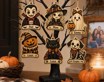Personalized Halloween Ornaments, Custom Family Name Decor, Vintage Spooky Tree Ornaments, Cute Ghost Pumpkin Witch Vampire Car Charm Gift