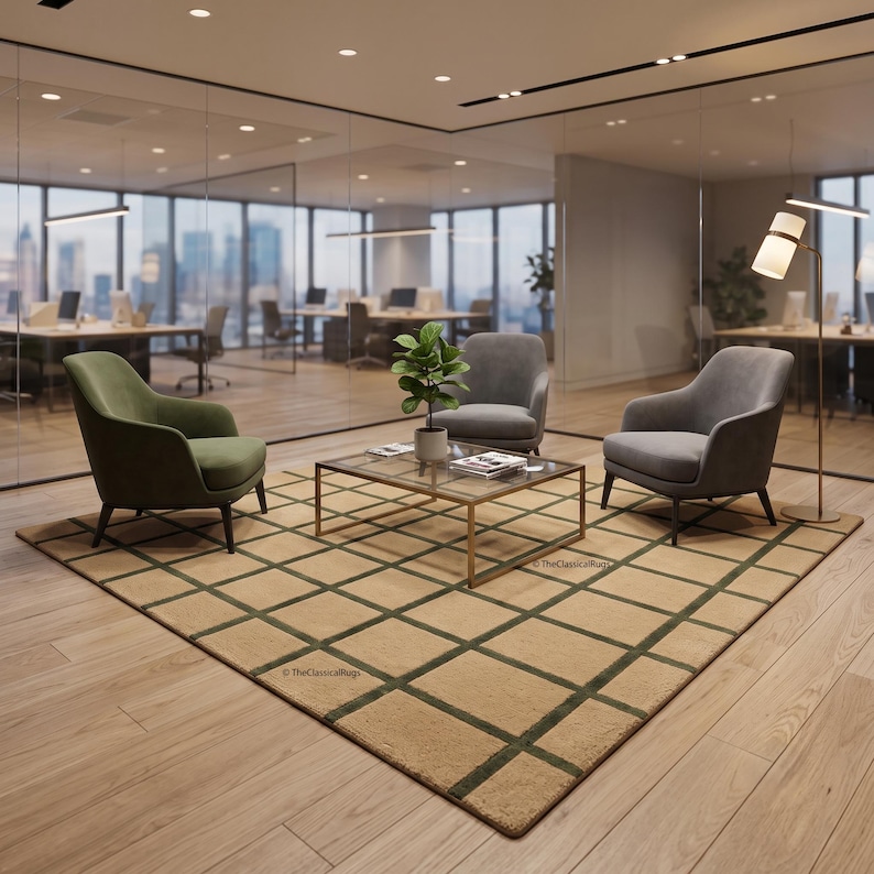Neutral Grid Area Rug, Beige Green Geometric Rug, Modern Minimalist ...