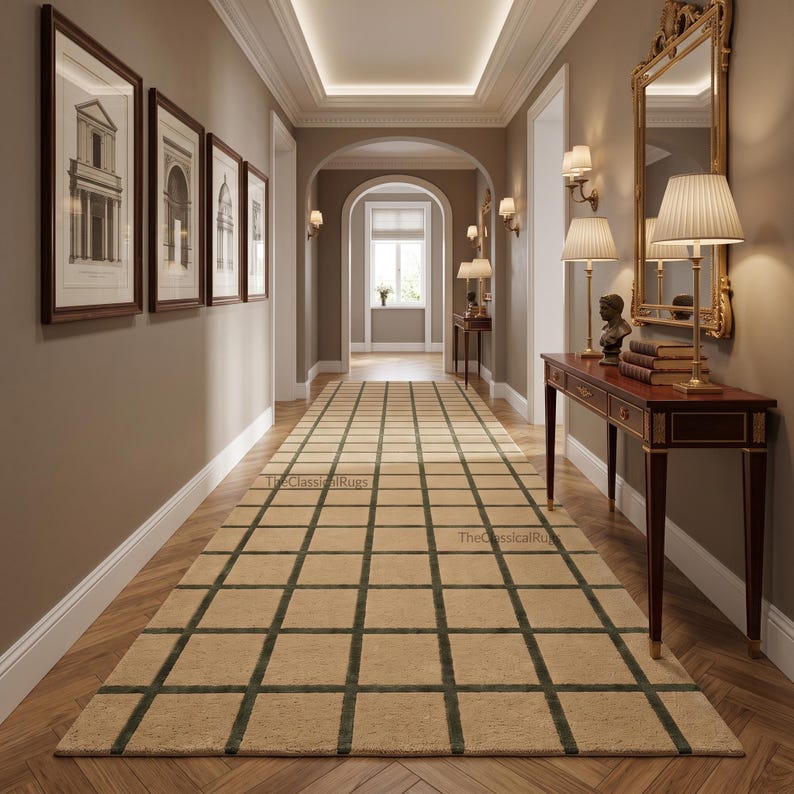 Neutral Grid Area Rug, Beige Green Geometric Rug, Modern Minimalist ...