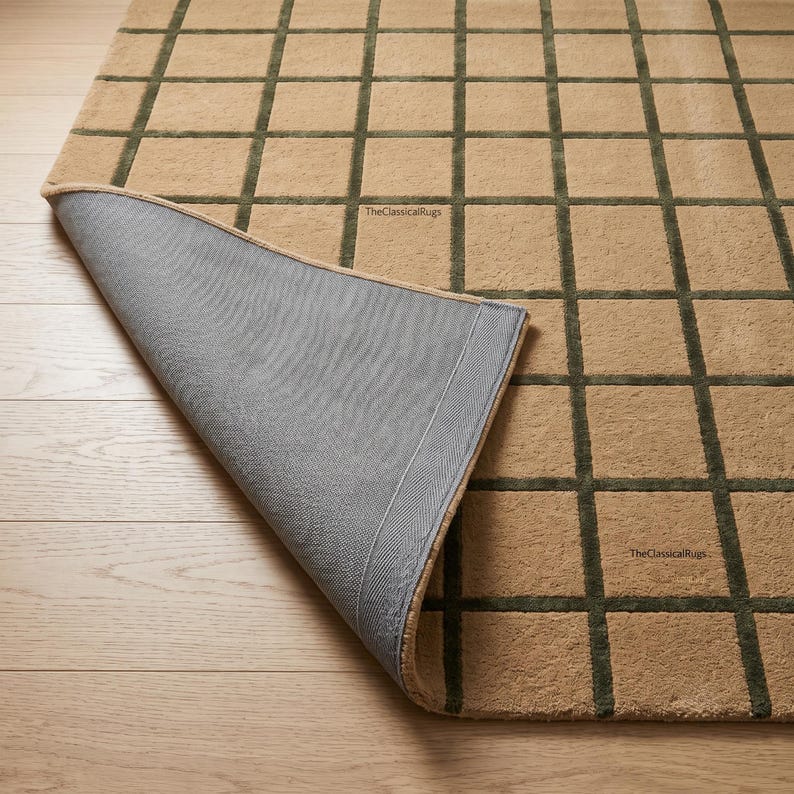 Neutral Rug Natural Neutral Grid Area Rug, Beige Green Geometric Rug, Modern Minimalist ...