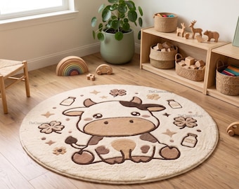 Round Cow Nursery Rug, Farmhouse Kids Room Carpet, Neutral Animal Decor