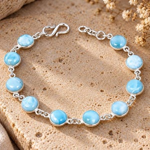 Natural Larimar Link Bracelet, Sky Blue Gemstone, Silver Finish, Round Stone Jewelry Gift
